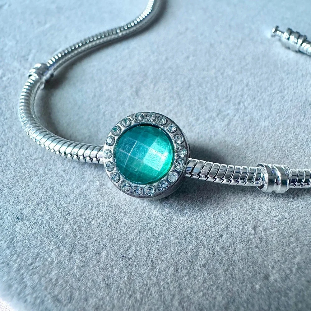 Teal‎ Crystal Halo Round Slide Charm Bracelet Silver Tone Sparkle fits PANDORA